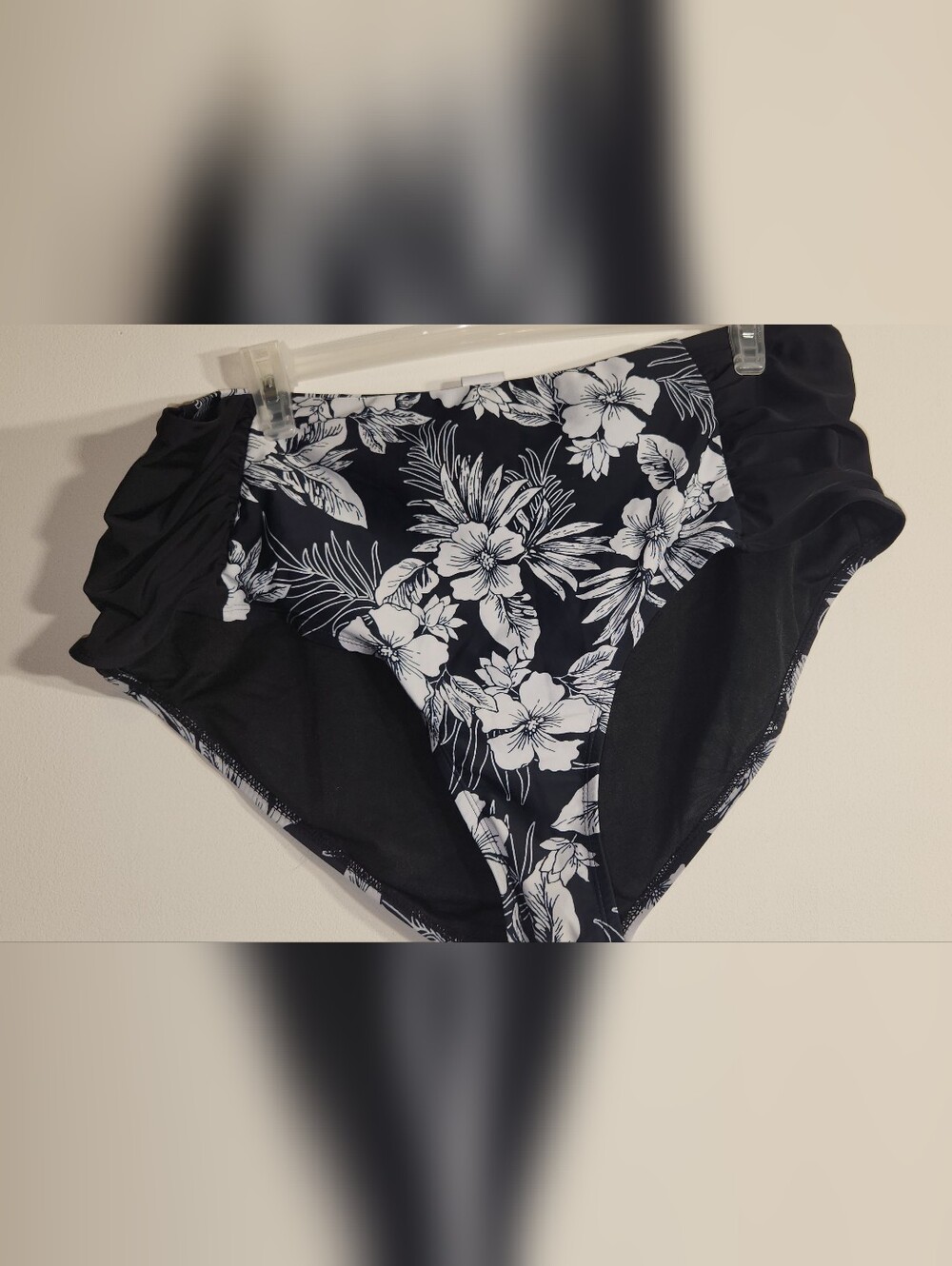 Black Bathing Suit Bottoms w/ White Tropical Print. 22-24. Never Worn.